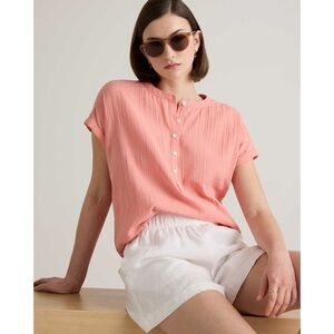 Quince Organic Cotton Gauze Roll Sleeve Shirt Coral Blush